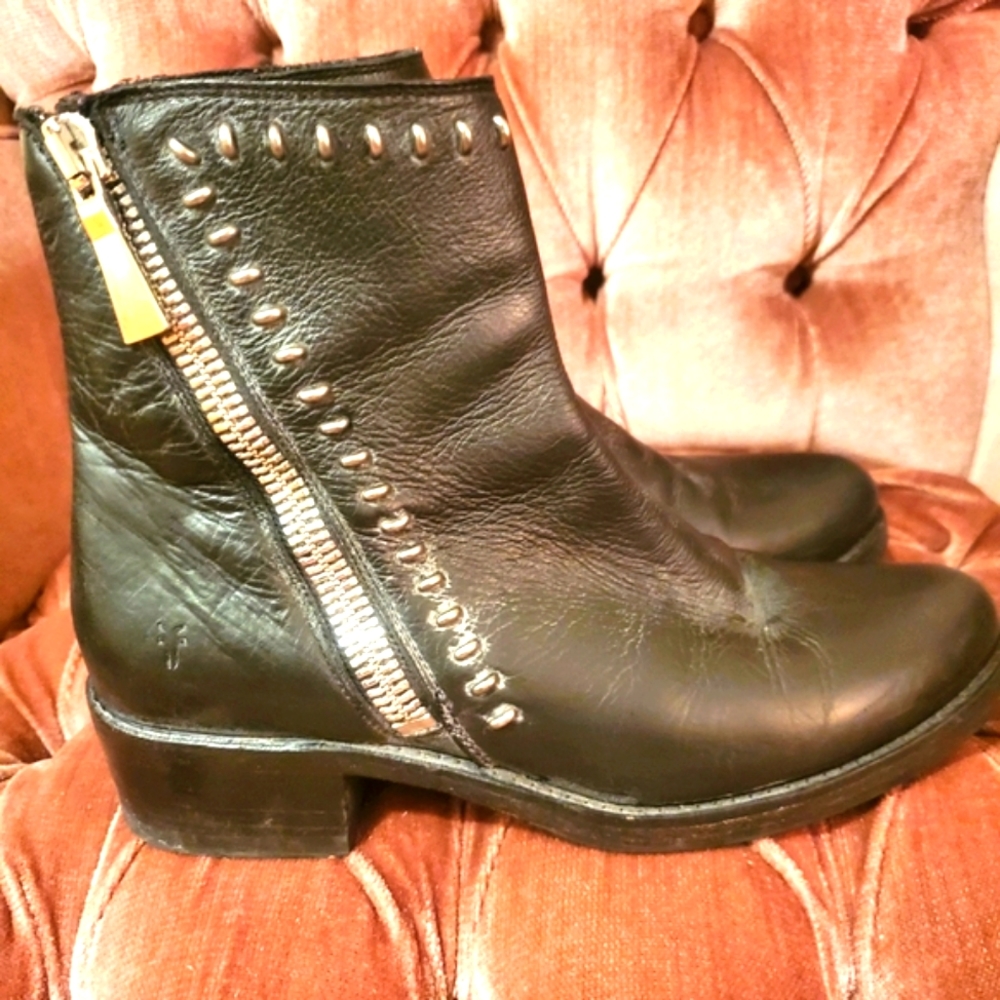 Frye Zip Black Leather Moto Boots